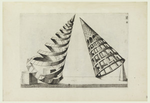 Two cones; left composed of two spirals; right composed of woven strips and squares.