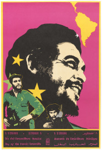 On magenta background, head shot of Che Guevara with yellow stars and silhouette of South America in upper right. To the lower left, another image of Che in uniform, and a third lower center wearing black. In magenta on black ground: 8 OCTUBRE 8 OCTOBER 8 OCTOBRE [date in Arabic] / Día del Guerrillero Heroico / Day of the Heroic Guerrilla; Journée du Guérillero Héroïque / [same in Arabic]. At center, logo for OSPAAL.