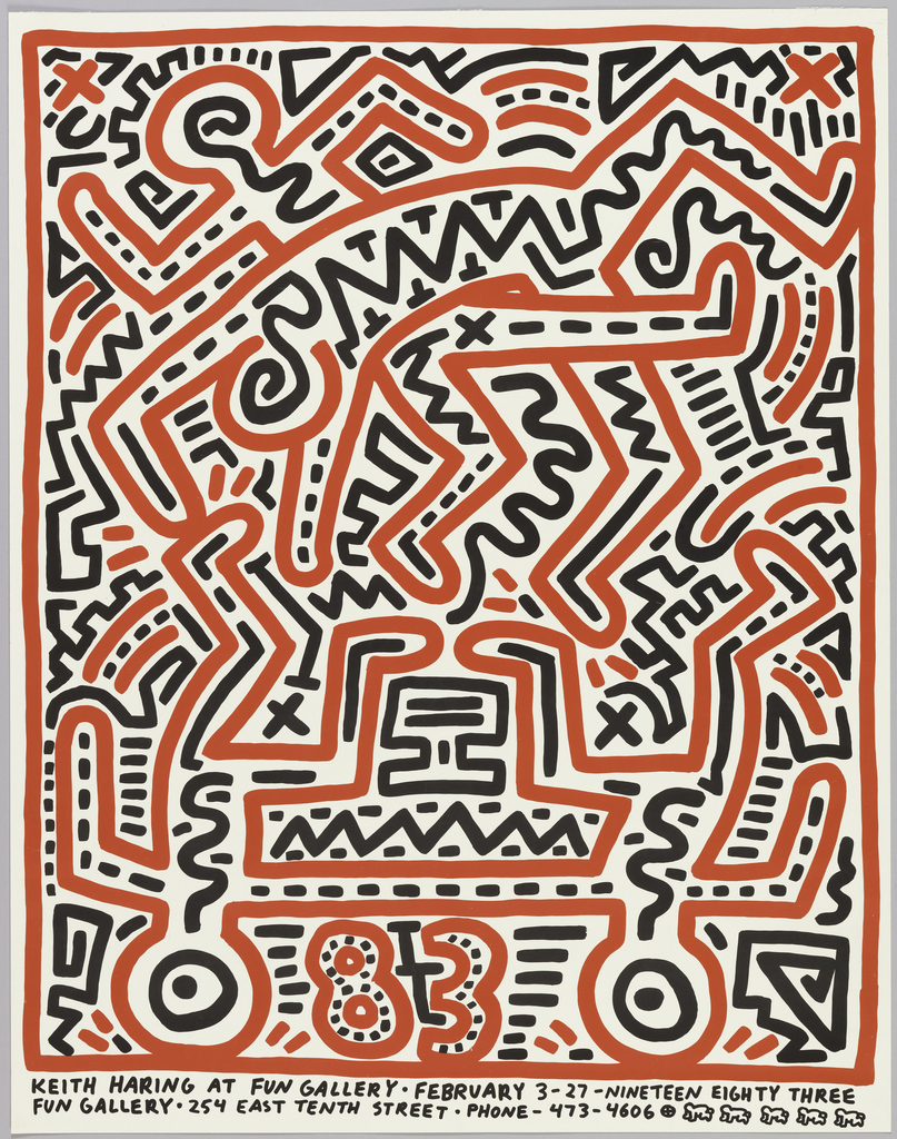 Image features red and black interlocking figures creating an all over pattern. Distinct figures include two that are upside down at lower left and right on either side of "83". Enclosed by a red border. Please scroll down to read the blog post about this object.