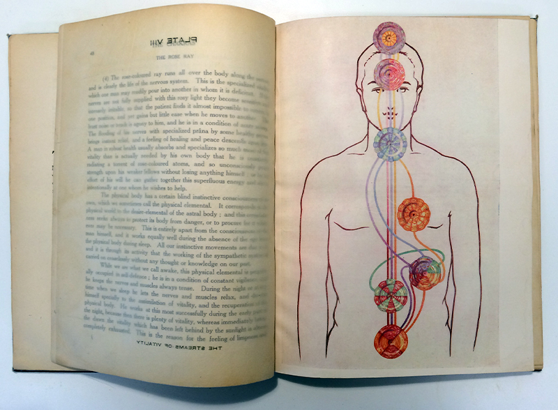 A spread with text on the left and a color illustration of a man with circles on his body on the right.