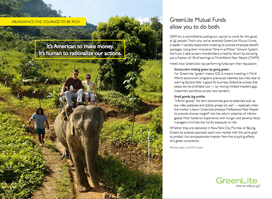 a brochure spread with a photo of two people riding on an elephant on the left, with a man walking behind the elephant. On the right, a block of text and a logo.