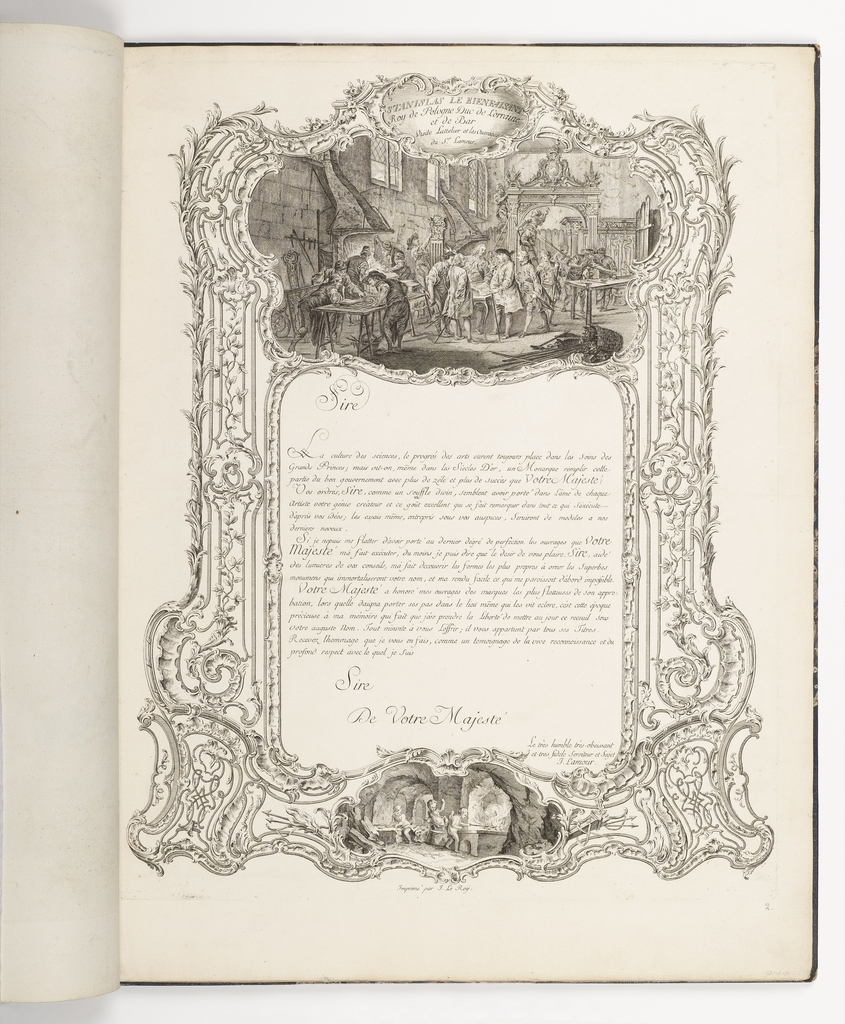 Dedication page for an album of metalwork, shows text surrounded by a rococo frame