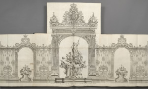 Showing elaborate gates with military trophies and foliate decorations. Three statue groups are in front.
