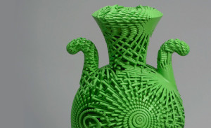 green plastic urn with radiating lines on a gray background