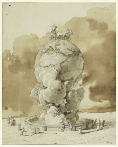A large monument in the shape of a globe suspended above sculptural clouds
