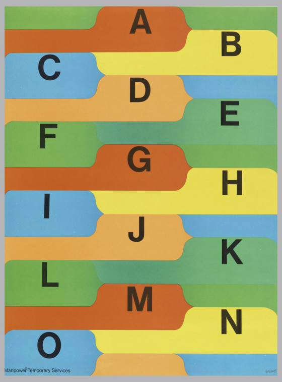 Poster, ABCDEFGHIJKLMNO, 1979; Shorthand, 1979. Designed by Lois Ehlert for Manpower International (Milwaukee, Wisconsin, USA). Offset lithograph. Approx. 61.1 × 45.7 cm (24 1/16 × 18 in.). Gift of Lois Ehlert, 1991-69-35.