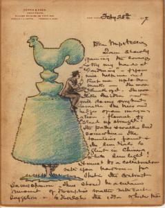 A letter from Francis Hoppin to Miss Nellie Hewitt, discussing a landscape book, with a doodle of a topiary and a self-portrait of Hoppin sitting on top.