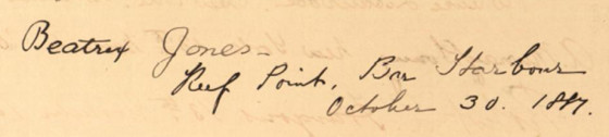 Jones Farrand's signature in the Ringwood Manor guestbook, October 30, 1887.