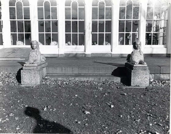 Pink granite sphinxes outside of the Glass Piazza at Ringwood Manor.