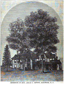 drawing of a manor and trees