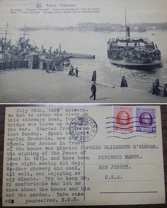 Boat crossing from Anvers to Antwerp (photo and message on back).