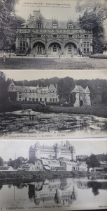 Postcards of village chateaux, which are still open to tourists. The medieval Chateau Pierrefonds was restored by Violette-le-Duc in the mid-19th century. You can rent it today for private parties and concerts! The cafe and other commercial structures have been removed, but it’s interesting to see how it looked in the early 20th century.