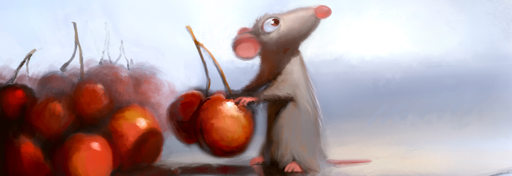 Animation of a rat stealing two cherries. The cherries have been taken from a pile of cherries scattered across a light surface. Body facing the viewer, the rat gazes over its left shoulder at something out of view.