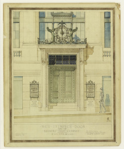 Drawing, Design for Main Entrance Door for the Bankers' Trust Company, New York, NY, 1922. Designed by Christian Francis Rosborg. Graphite, brush and watercolor, gold tempera on illustration board. Gift of the Estate of Christian Francis Rosborg, 1953-26-11.