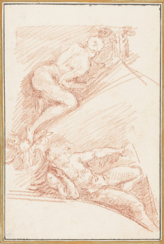 A figure from above the Salmon spandrel and a figure from elsewhere on the ceiling of the Sistine Chapel. Drawing by Jean-Robert Ango. Collection of Cooper Hewitt.