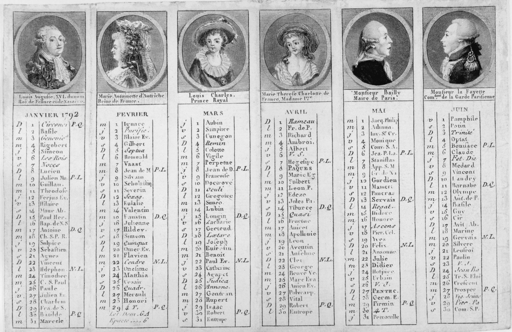 Calendar for 1792, featurings six portrait vignettes on the top row