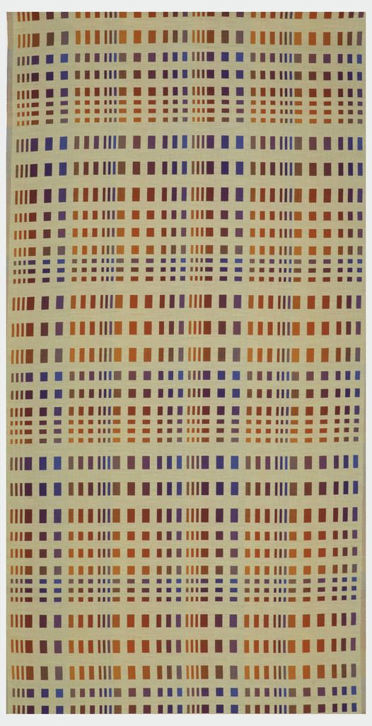 Image features a grid of brilliantly colored rectangles of varied sizes on an unbleached linen ground. Please scroll down to read the blog post about this object.