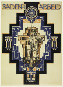 Image features an upright, rectangular poster featuring a motif of a stylized cross in blue, black and orange. At the center, a kneeling man holds a bow and arrow. Decorative motifs with Dutch wording are In each of the four corners of the cross. A roundel with the words, Bestaans zerkerheid, is at the top of the composition; above this are the words: RADEN van ARBEID in blue and orange. Please scroll down to read the blog post about this object.