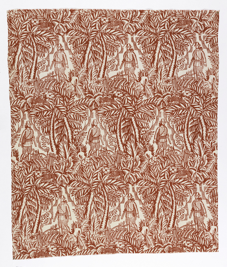 Length of printed cotton with a densely arranged design of a hunter in 18th century attire with his dog; a cityscape is in the far distance and the figures are framed by trees. A spotted deer is hidden in the foliage.