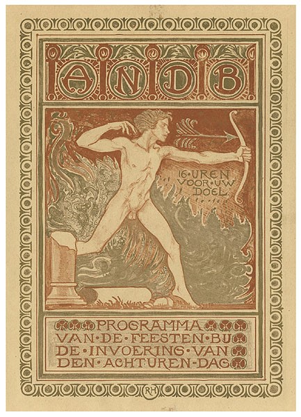 Richard Roland Holst, Cover for the General Dutch Diamond Workers’ Union (ANDB) “Program of Celebrations for the Introduction of the Eight-Hour Work Day (Programma van de feesten bij de invoering van de achturendag).” 1919.