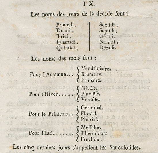 Page with text identifying the new French Calendar in 1793