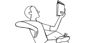 Black fluid outline drawing on a white background of a seated, relaxed figure reading a book held up with left hand at eye level. Right elbow propped back, left foot resting on right knee as if sitting on an invisible chair.