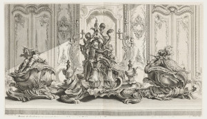 Print, Projet de Sculpture en Argent d'un Grand Surtout de Table et les Deux Terrines...Executée pour Millord Kinston (sic) en 1735 (Design for Centerpiece and Two Tureens for the Duke of Kingston in 1735) plate 115 in Œuvre de Juste-Aurèle Meissonnier, 1742–48; Designed by Juste-Aurèle Meissonnier (French, 1695–1750); France; etching on off-white laid paper; Platemark: 33.7 x 57.8 cm (13 1/4 x 22 3/4 in.) Open: 18.5 x 86.4 x 61 cm (7 5/16 x 34 x 24 in.); 1921-6-212-72