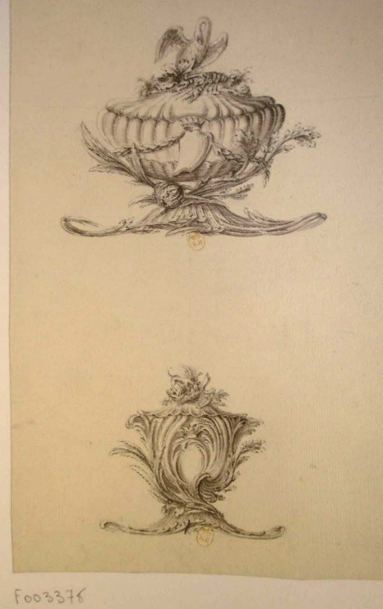 Drawing, Design for a Tureen and Pot à Oille, ca. 1748. Attributed to Pierre Germain (French, 1703 - 1783) or Jacques III Roëttiers (French, 1707–1784). 55.7 x 40 cm (21 15/16 x 15 3/4 in.). Bibliothèque Nationale: Cabinet des Estampes et Photographie
