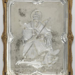 Mirror, 1730–1760; engraved and silvered glass, carved, gessoed, and gilt wood; H x W x D: 40 × 31.5 × 2.4 cm (15 3/4 × 12 3/8 × 15/16 in.); Gift of Eleanor and Sarah Hewitt; 1915-16-8-b