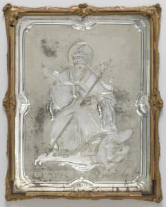 Mirror, 1730–1760; engraved and silvered glass, carved, gessoed, and gilt wood; H x W x D: 40 × 31.5 × 2.4 cm (15 3/4 × 12 3/8 × 15/16 in.); Gift of Eleanor and Sarah Hewitt; 1915-16-8-b