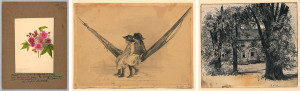(left to right) Drawing, Thimbleberry, ca. 1860; Elizabeth C. Field; Pencil and watercolor on paper; Gift of Cooper Union Art School, 1962-94-58 Drawing Mary and Eleanor Hague in a Hammock, 1883; Mary A. Hallock Foote (American, 1847–1938); Graphite, brush, and gray wash on cream wove paper; Gift of Cooper Union Art School, 1953-190-1 Drawing, Point Lookout, 1883; Mary A. Hallock Foote (American, 1847–1938); Graphite on cream heavy wove paper; Gift of Cooper Union Art School, 1953-190-4.