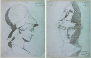 (left to right) Drawing, Head of Athena, ca. 1895; Adile Marie Osborne; Charcoal on paper; Gift of Cooper Union Art School, 1953-31-36. Drawing, Head of Athena, ca. 1895; S. D. Pratt; Charcoal on paper; Gift of Cooper Union Art School, 1953-31-35.
