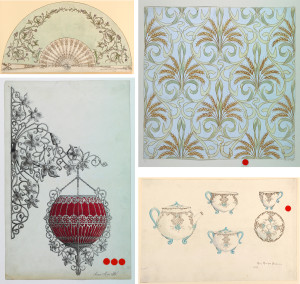 (upper left) Drawing, Design for a Fan, 1894; Mary Morison Brownson (American); Graphite, gold, brush, and watercolor on paper; Gift of Cooper Union Art School, 1953-31-3. (lower left) Drawing, Design for a Wrought Iron Light Fixture, 1894; Anna M. de Pool; Pen and ink, watercolor on Bristol board, red seals; Gift of Cooper Union Art School, 1953-31-5. (upper right) Drawing, Design for Wallpaper, 1894; Anna M. de Pool; Watercolor on paper; Gift of Cooper Union, 1953-31-7; (lower right) Drawing, Design for China Decoration, 1894; Mary Morison Brownson (American); Gold, watercolor on paper; Gift of Cooper Union Art School, 1953-31-4.