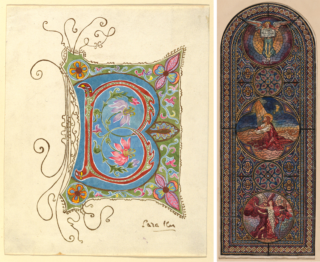 (left to right) Drawing, Illuminated Initial, ca. 1893; Sara Ker; Watercolor and gold on paper; Gift of Cooper Union Art School, 1953-31-16. Drawing, Design for a Stained Glass Window, ca. 1909–12; Izabel M. Coles (American, 1890–1964); Ink and watercolors on tracing paper; Gift of Izabel M. Coles, 1953-30-4.