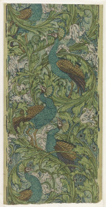 Image features wallpaper panel showing arabesque of large acanthus rinceaux, tulips, and wiry scrolls, with large perching peacocks whose tails hang downward. The predominent colors are shades of blue, green, and brown. Please scroll down to read the blog post about this object.
