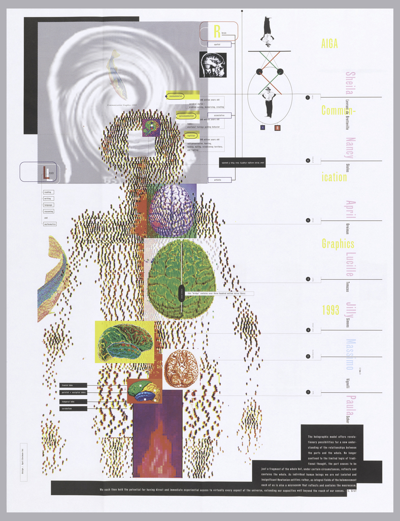 Oversized poster for AIGA calling for entries for contest. Poster folds into 16 sections. Computerized photo reproduction of whirlpool (in black and white) and fish (in color) in middle. Imprinted below fish: "Communication Graphics 1993" (in black). Red, yellow and black dots assembled to form human figure at left center with head overlapping image of whirlpool. Square cut out in center of head with digital image of brain. Five other digital images of brain in various perspectives superimposed over figure with accompanying labels. Flow chart at left center: "brain/ reading/ unity/ language/ reasoning/ and/ mathematics" (in black). Imprinted, near top center, in text boxes: "neomammalian/ 200 million years old/ cerebral cortex:/ problem-solving, memorizing, creating/ paleomammalian/ 300 million years old/ limbic:/ emotional feelings guiding behavior/ reptilian/ 500 million years old/ self-preservation, hunting, homing, mating, establishing territory,/ and fighting". Photo reproduction (in black and white) of man and inversed image of same photo above. Two images connected by X's (in green and red lines). Along right edge: "AIGA/ Commun-/ication/ Graphics/ 1993" (in yellow), interspersed with names of various designers (in vertical orientation).