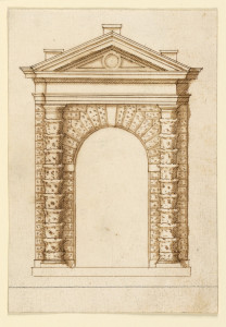 Drawing of engaged rustic columns with Tuscan capitals projecting from an archway. Above, an undecorated entablature and triangular pediment with three vertical projections.