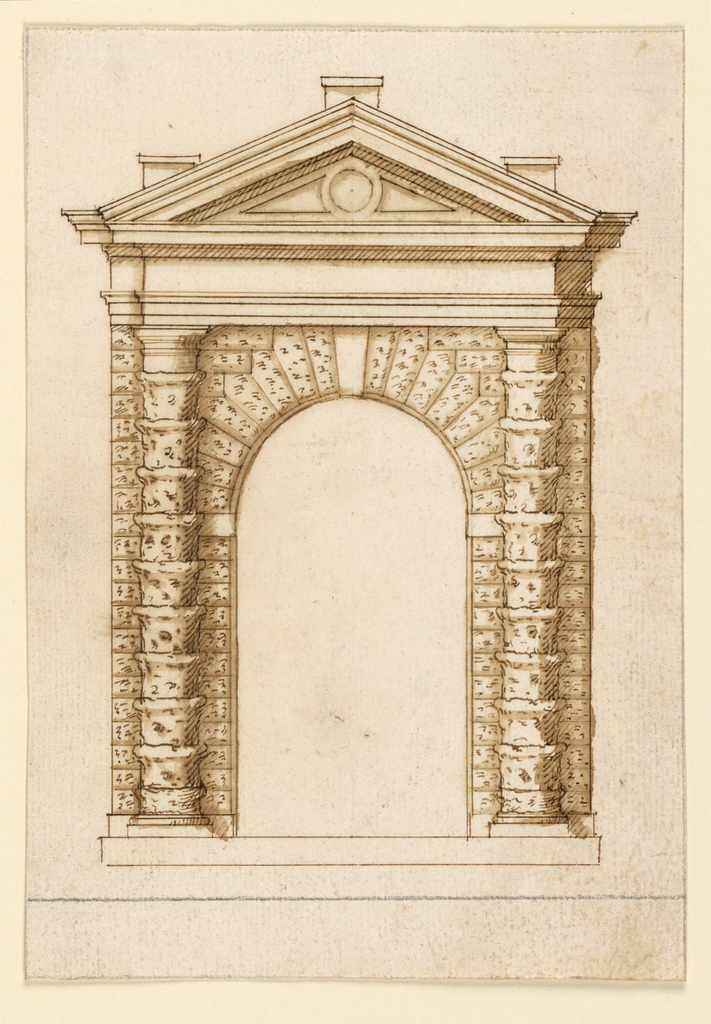 Drawing of engaged rustic columns with Tuscan capitals projecting from an archway. Above, an undecorated entablature and triangular pediment with three vertical projections.