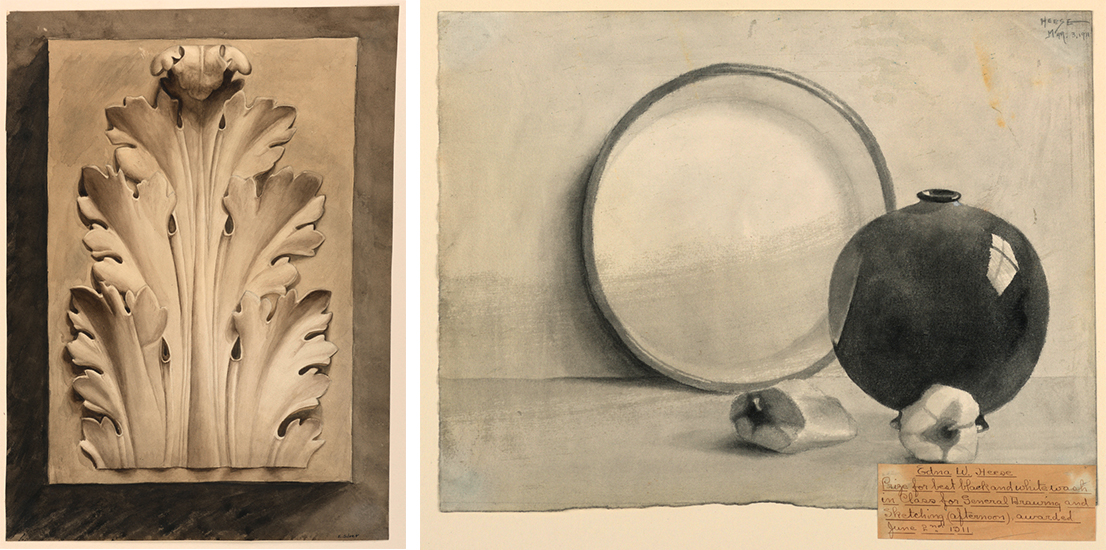 (left to right) Drawing, Acanthus Leaf, 1919; Esther Silver; Sepia wash on paper; Gift of Cooper Union Art School, 1953-31-21. Drawing, Still Life, 1911; Edna W. Heese; Gray washes on paper; Gift of Cooper Union Art School, 1953-31-13.