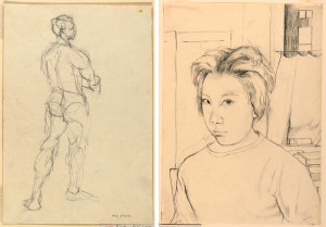 (left to right) Drawing, Study of Male Nude, 1957; Eva Hesse (German-American, 1936–1970); Graphite on white wove paper; Gift of Cooper Union Art School, 1957-104-1. Drawing, Head of a Girl, 1961; Ellen Chao (b. 1940); Pencil on paper; Gift of Cooper Union Art School, 1961-162-6.