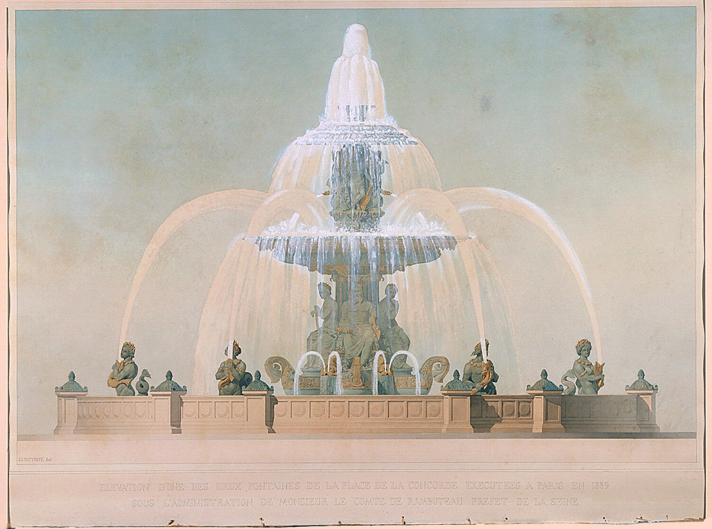Presentation drawing for the Comte de Rambuteau: At the fountain base, at the center of the main basin, are six nude figures personifying the Atlantic, the Mediterranean, and four symbols of maritime fishing industries; these figures sit on prows of ships. Above them (and between the basin tier and the crowning cap) are four genii, between each of which is a dolphin (below) and a swan (above) sending jets of water into the basin tier. At the top of the fountain is a mushroom-shaped cap from which water spills to a basin tier, which in turn spills a profusion of water to the larger main basin at ground level. At the perifery of the fountain are nereid figures, each holding a fish which spouts a jet backwards towards the center of the fountain.