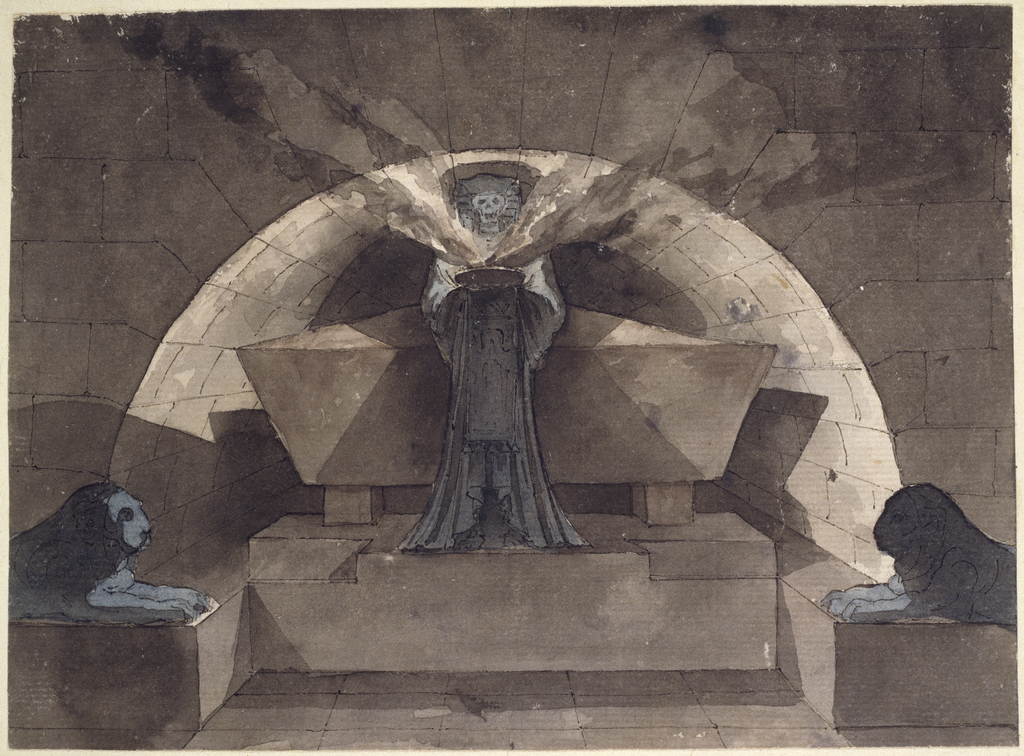 A drawing of a tomb with a sarcophagus in a rounded-arch niche. A robed figure of Death stands before the sarcophagus holding a smoking lamp. The tomb is flanked by 2 recumbent lions carved in stone.