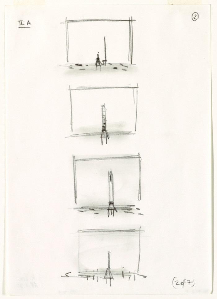 Four small, vertically-aligned sketches of a stage, each with a single, tall chair at or near center. In sketch one. The chair is facing left and there is a figure to its left.