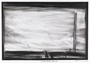 Large charcoal drawing of the stage for "King Lear" scene two. The stage itself is black and the backdrop is white and grey. At left, a tall, straight-backed chair. In center, extending from backdrop to front of stage, is a long, flat bed.