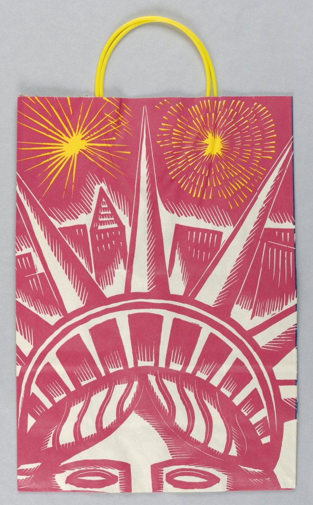 tatue of Liberty illustration in red and blue on white background. Recto: Closeup of statue's face in red, with gold sunbursts above. Verso: Closeup of statue's torch in blue, also with gold sunbursts. Right side panel: Celebration/ Patron of the July 4th Fireworks/ Bloomingdale's.