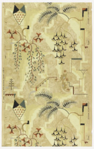 Image features a rectangular panel of wallpaper showing stylized branches and foliage interspersed with cubist motifs printed in green, black, burgundy, tan, yellow, gray and metallic gold on mottled tan ground. The paper is embossed with very fine horizontal wavy lines. Please scroll down to read the blog post about this object.