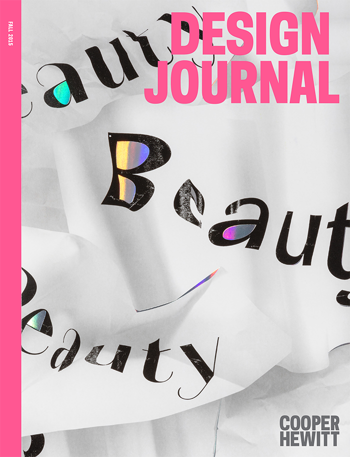 "Design Journal" cover featuring monochromatic, textural surface and the word "Beauty" repeated three times in distorted fashions.