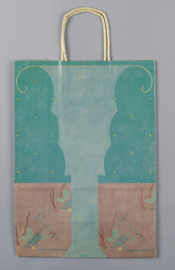 Spring bag. Turquoise abstract scalloped-classical urn object in center. Top 2/3 is aqua with yellow dots; bottom 1/3 is pink. "Graves" imprinted at bottom.