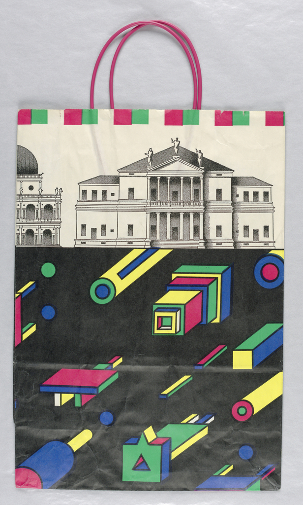 Shopping bag with large classical building at top; at bottom, geometric forms in bright pink, blue, green and yellow on black background.