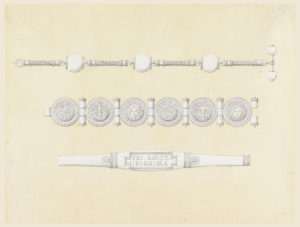 Three jewelry designs, each below the other. The watch chain has three balls connected by thin pieces of chain. The first bracelet has six sheild-like disks connected by joints. The second bracelet has a center section inscribed "VBI AMOR / IBI ANIMA."
